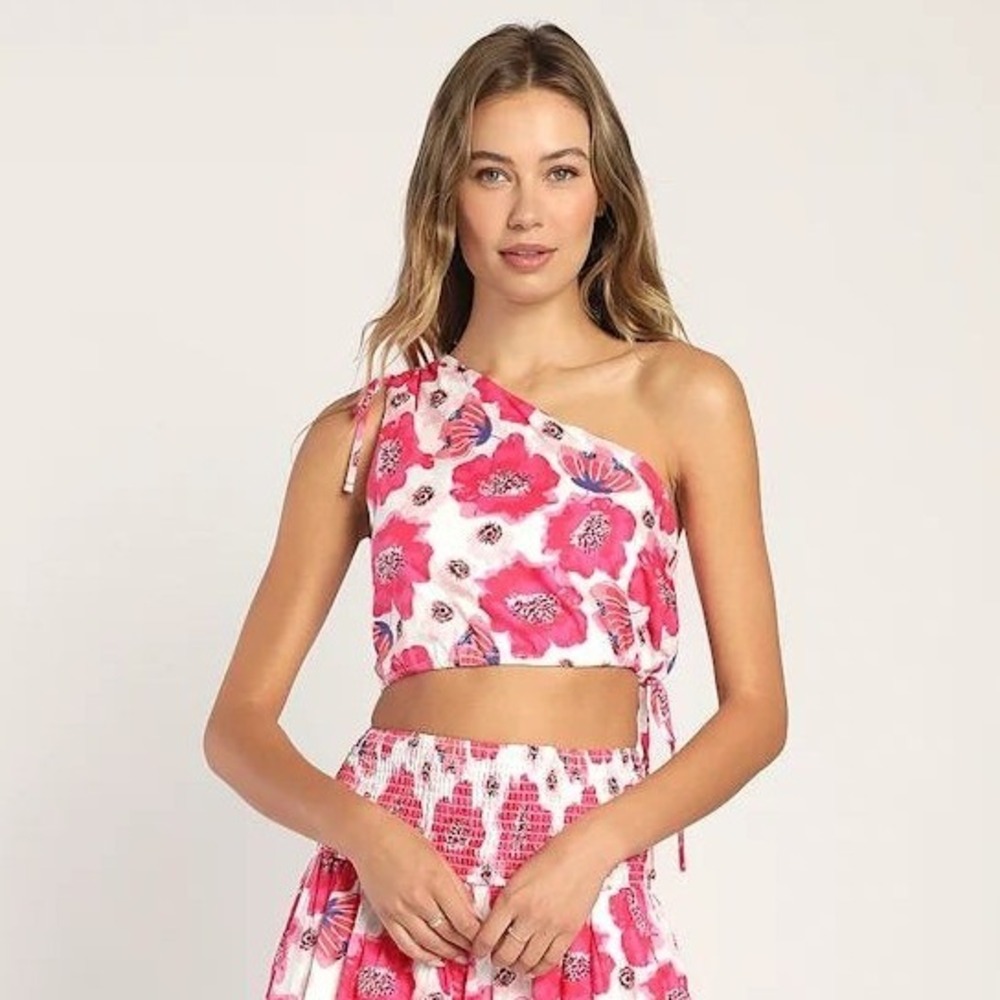Lulus Boho Preppy Resort Floral One Shoulder Crop Top Size S Pink Cotton Tie Hem